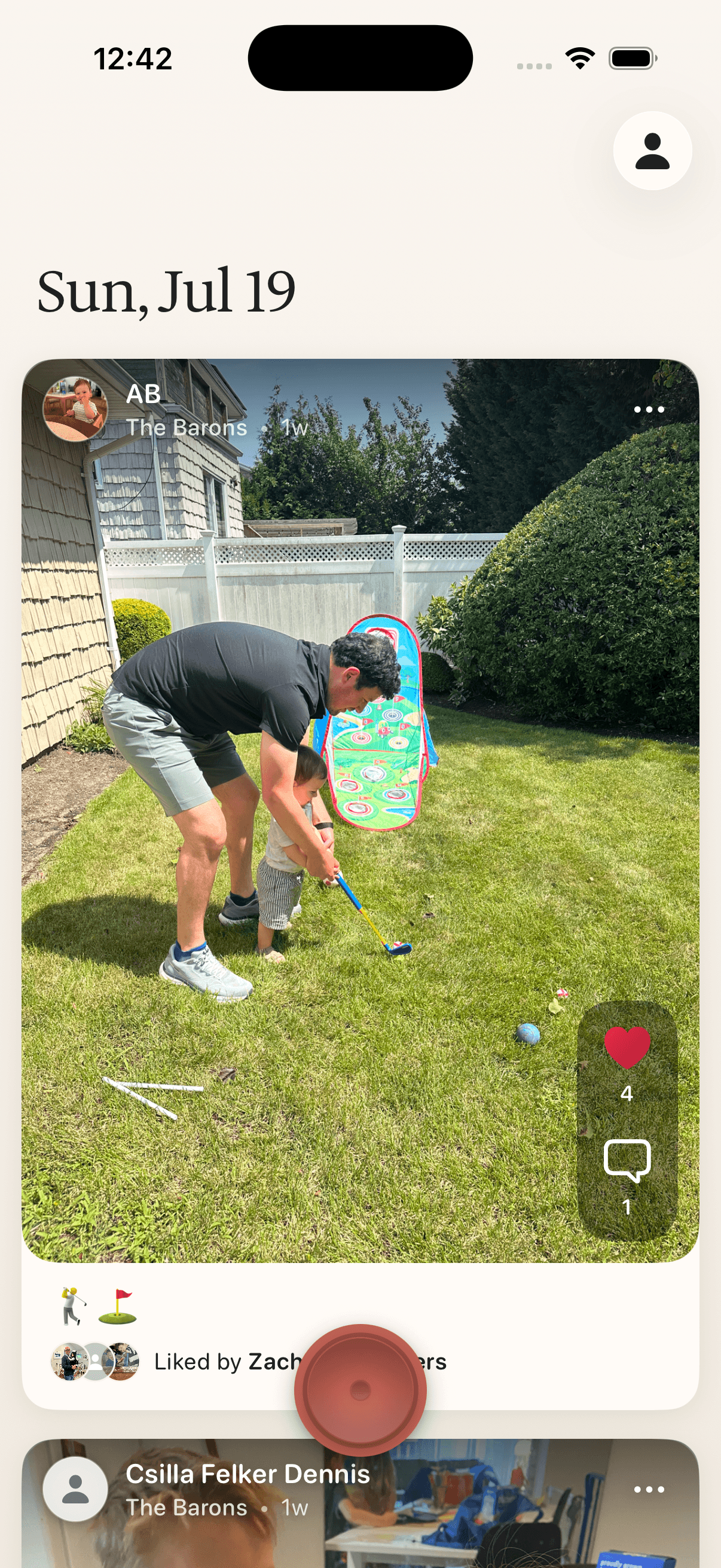 The JustFam daily feed with family posts, reactions, and comments